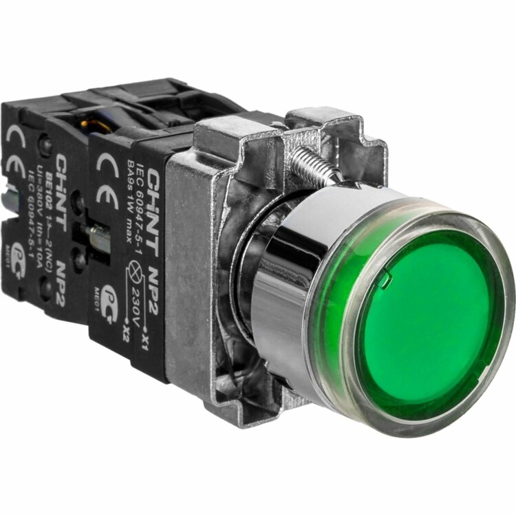 Кнопка управления NP2-BW3361 плоская 1НО AC/DC230В(LED) IP40 зел. 574077 Chint
